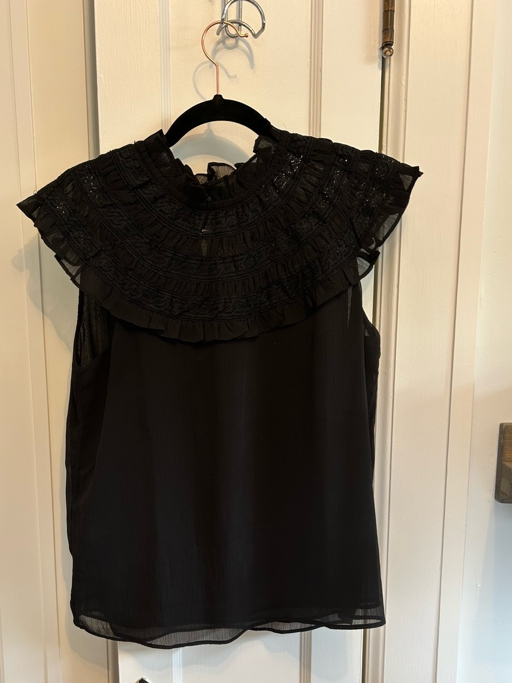 Ann Taylor Black Sleeveless Ruffle Yoke Top
